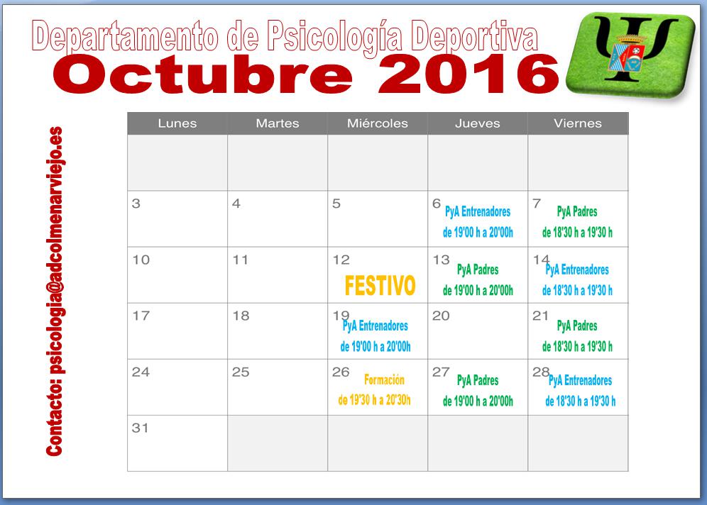 Calendario de actividades Octubre 2016 del departamento de psicologia deportiva de la ADCV